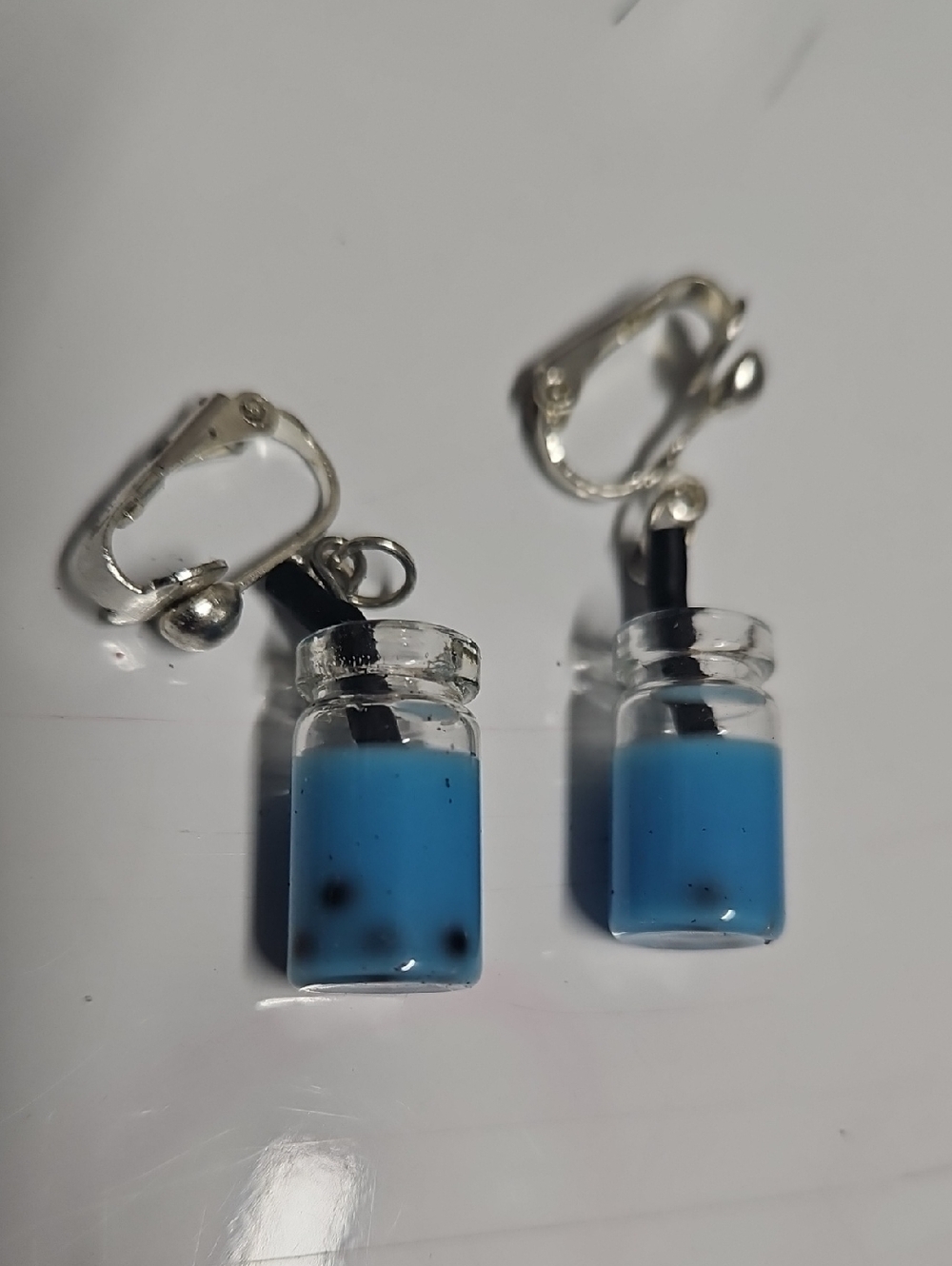 Blue Bubble Tea Jar Clip-On Earrings